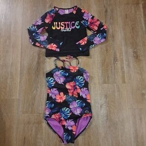 Justice Girls Long Sleeve Rashguard Colorful Floral Justice Surf Swimsuit Size M